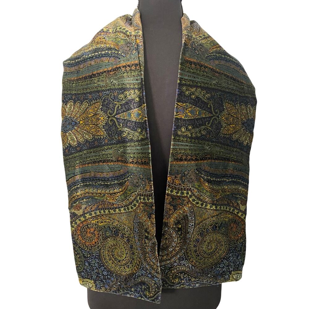 Vintage Velvet Feel Paisley Oblong Scarf Blue Green Gold Boho Unisex